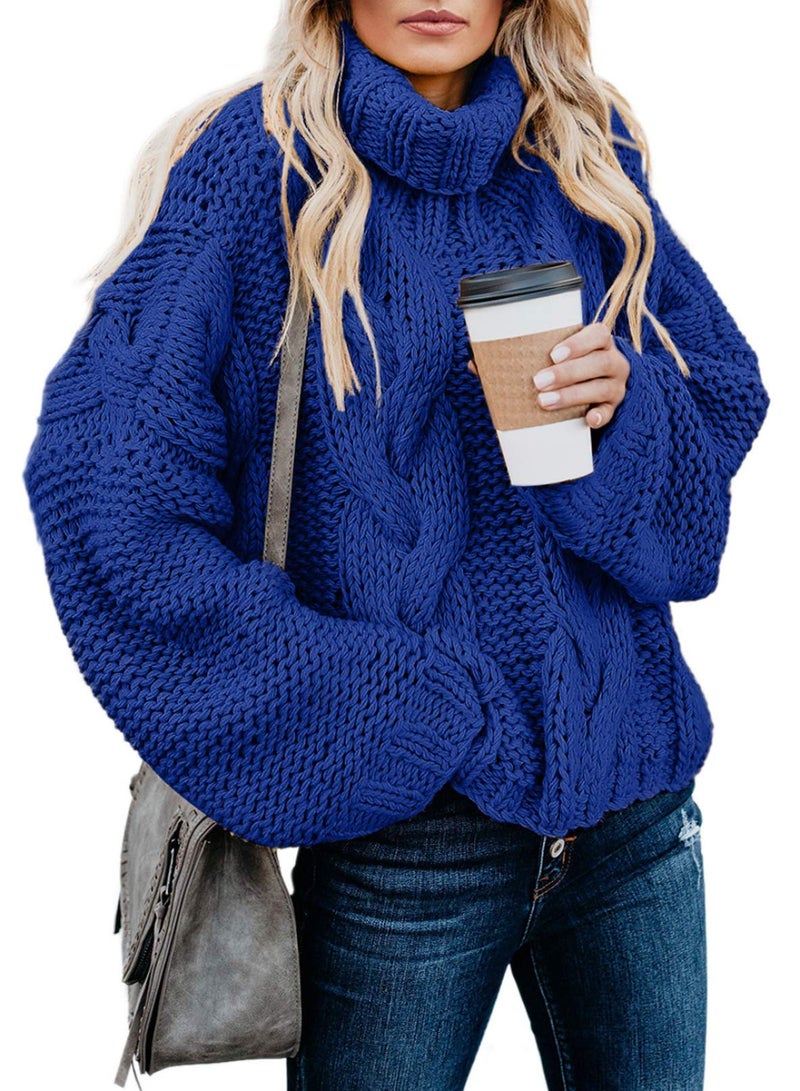 Dokotoo Women Winter Clothes Loose Solid Turtleneck High Neck Long Sleeve Cable Knit Chunky Sweaters Pullover Outerwear Blue S - Image 1